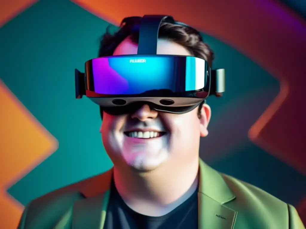 En la imagen se ve a Palmer Luckey usando un visor de realidad virtual, reflejando un mundo inmersivo y futurista
