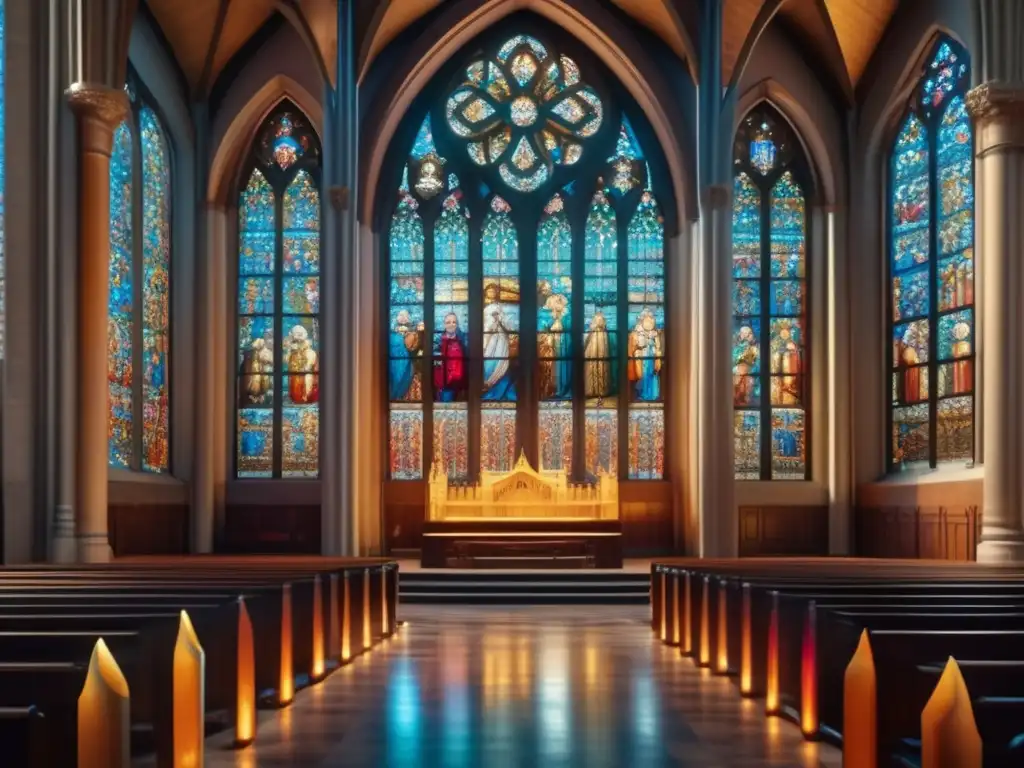 La imagen muestra los vitrales de una majestuosa catedral, con figuras religiosas iluminadas por la luz suave que atraviesa el vidrio