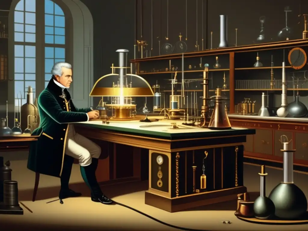 En la imagen se muestra a Alessandro Volta trabajando en su laboratorio, rodeado de instrumentos científicos y aparatos experimentales