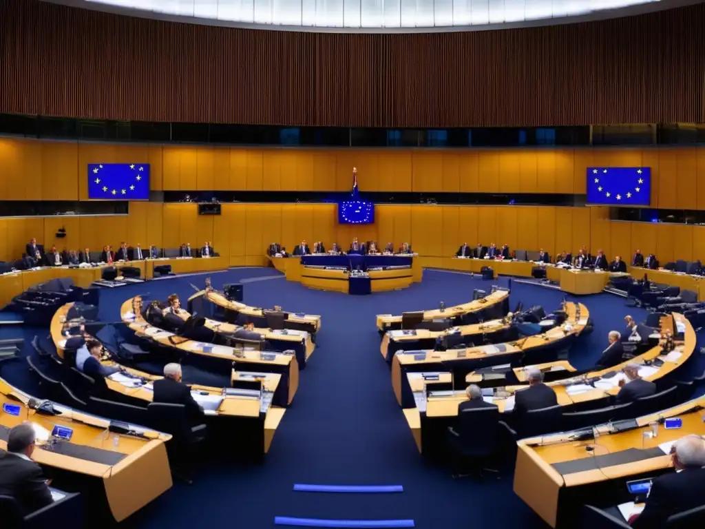 En la imagen, Wolfgang Schäuble aborda el Parlamento Europeo, con la bandera de la Unión Europea de fondo y una audiencia diversa