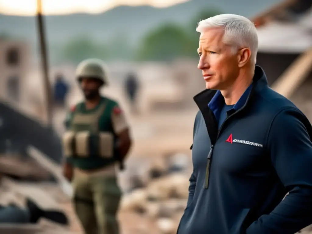 En la imagen, Anderson Cooper reporta desde una zona de guerra, mostrando compromiso y empatía