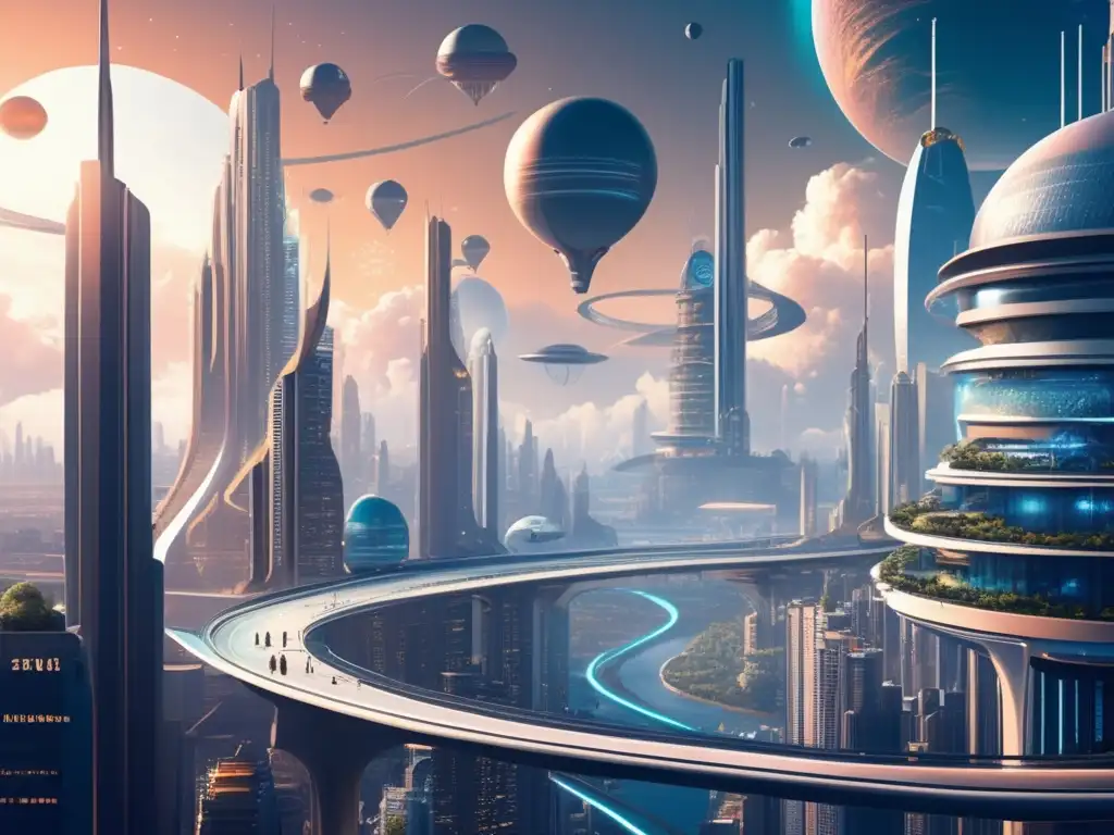 Desde la imaginación de Julio Verne, una ciudad futurista cobra vida con rascacielos curvos, vehículos voladores y paisajes extraordinarios