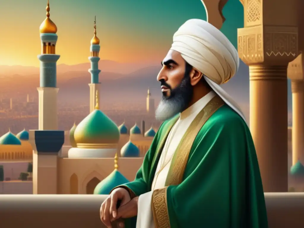 Líder moderno: Pintura digital de Imam Ali en la ciudad El Imam Ali sucesor Mahoma Shiita, pintura digital de alta resolución