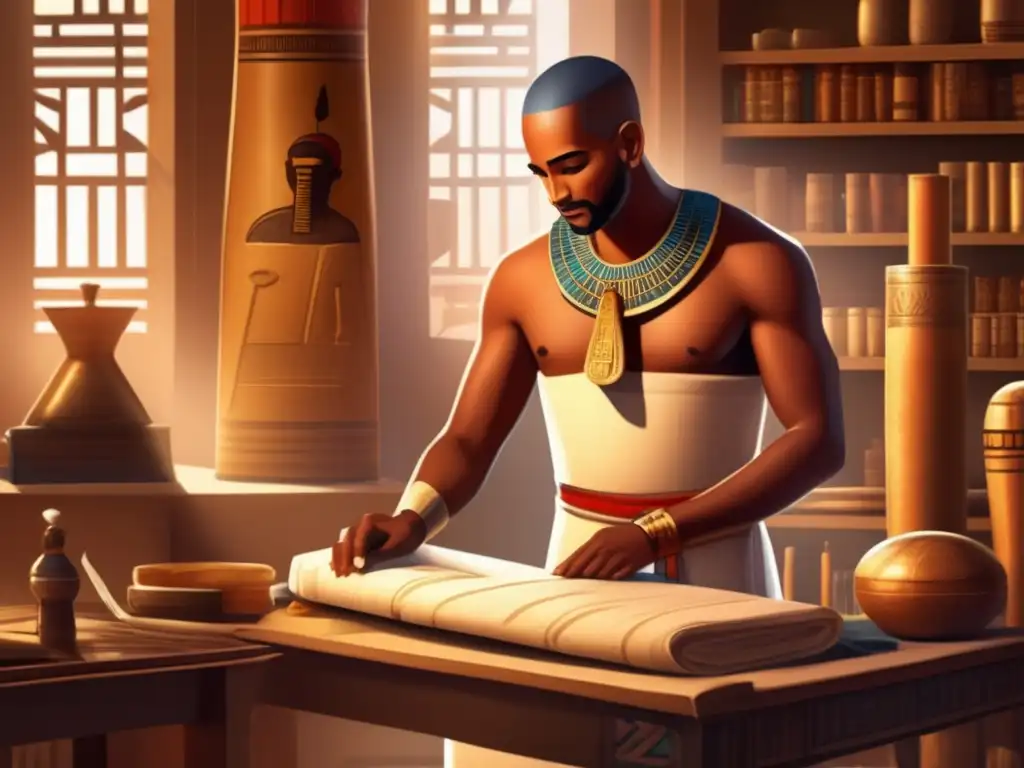 Imhotep, arquitecto y médico, examina paciente en taller médico egipcio iluminado por cálida luz natural