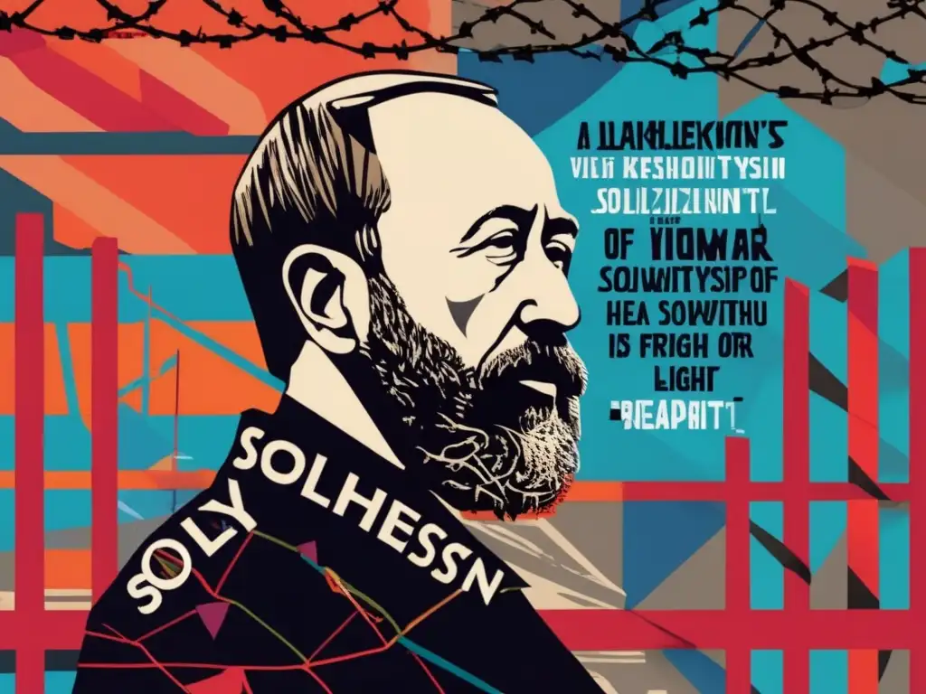 Un impactante arte digital que representa el legado de Aleksandr Solzhenitsyn en la lucha por la libertad de expresión, con colores vibrantes y poderosos símbolos