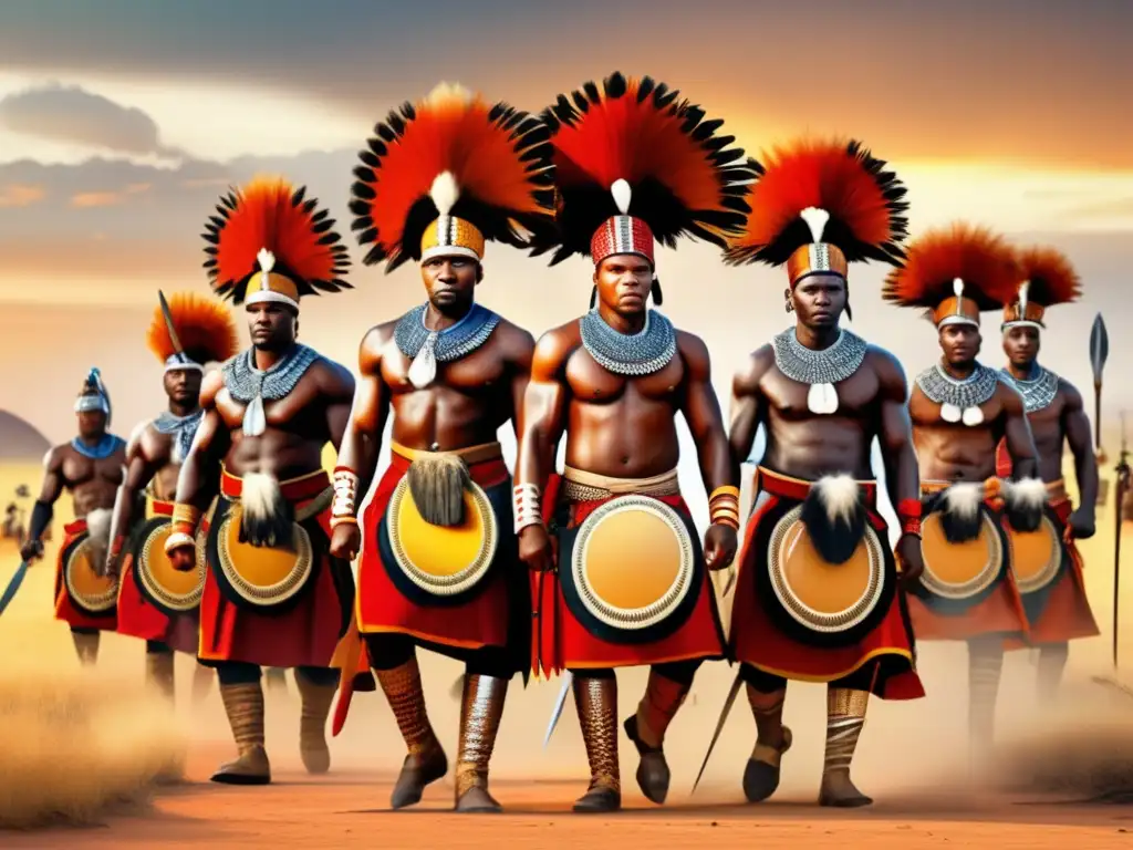 Un impactante arte digital moderno de guerreros Zulú en formación estratégica en la sabana