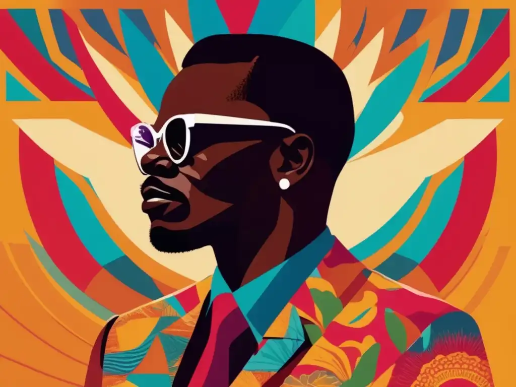 Un impactante arte digital moderno con la silueta de Patrice Lumumba sobre un vibrante fondo, simbolizando su filosofía política