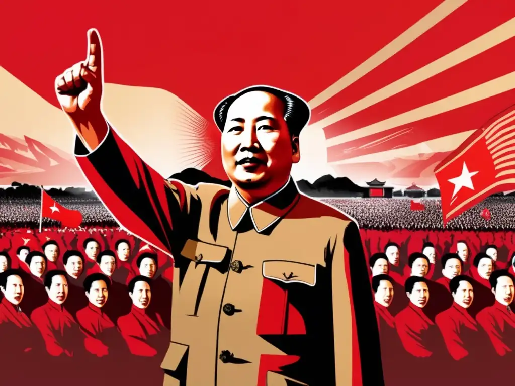 Un impactante arte digital moderno que muestra a Mao Zedong liderando una multitud apasionada con banderas rojas vibrantes ondeando al fondo