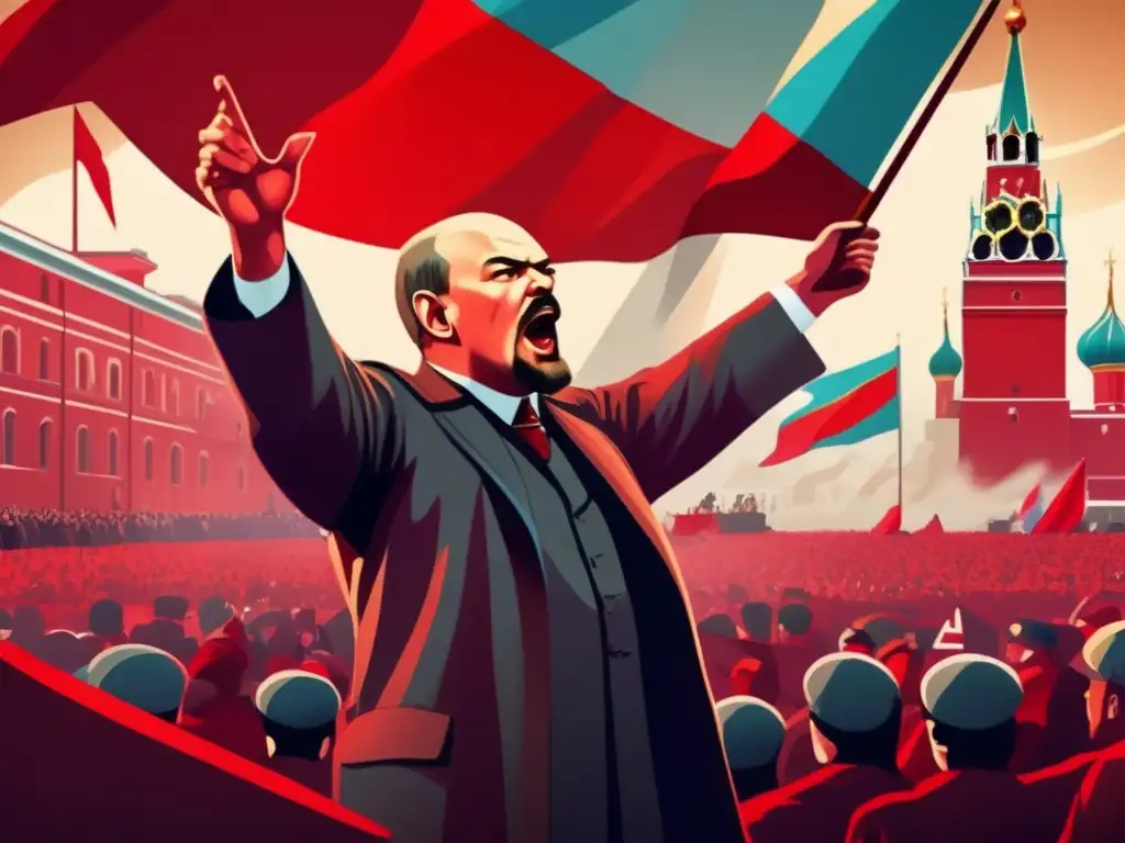 Un impactante arte digital moderno que representa a Vladimir Lenin dirigiéndose a una multitud en la Plaza Roja durante la Revolución Rusa