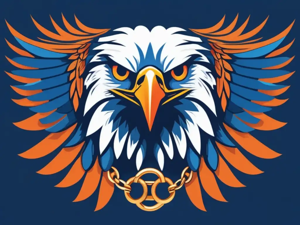 Un impactante arte digital moderno de un águila feroz con alas extendidas, agarrando una cadena rota que simboliza poder y libertad