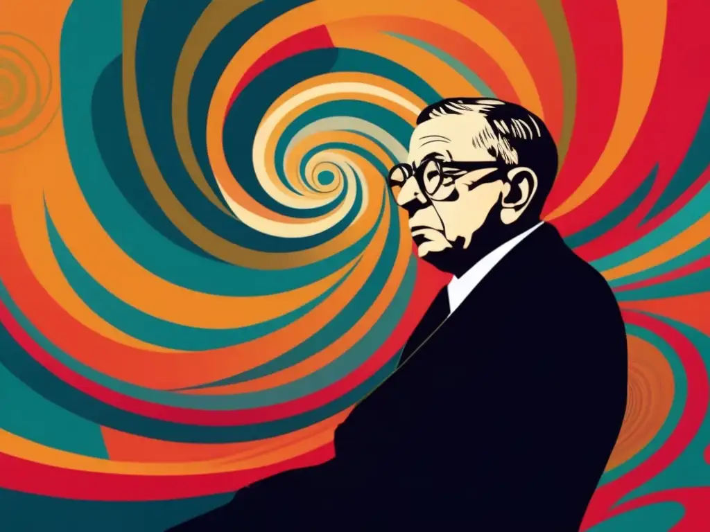 Un impactante arte digital de Jean-Paul Sartre en pose contemplativa rodeado de patrones abstractos sugerentes de inquietud existencial