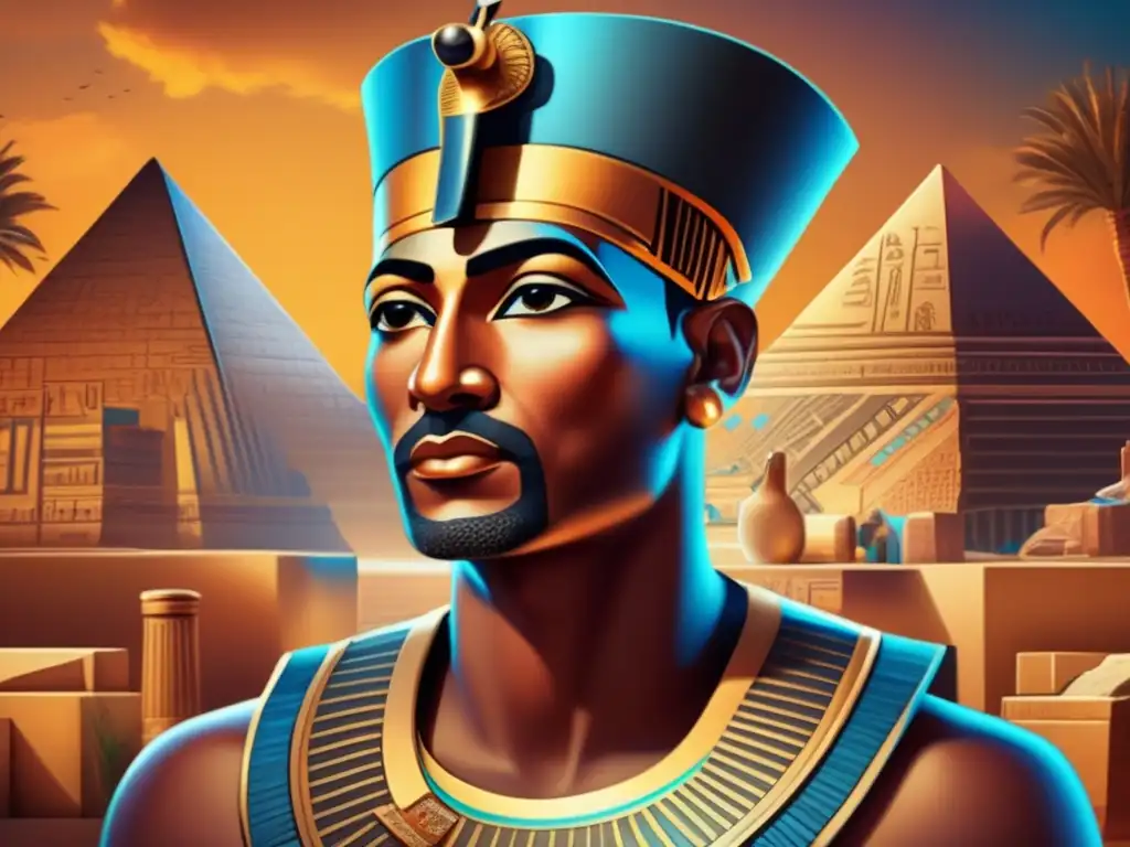 Una impactante representación artística en 8k de Imhotep, arquitecto y médico egipcio, con detalles asombrosos y colores vibrantes