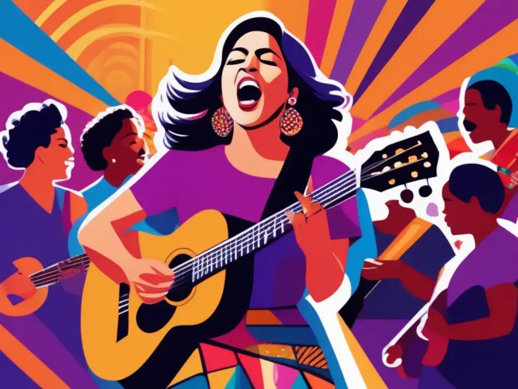 Una impactante representación artística de Violeta Parra, música testimonio social, cautivando al público con su canto y su guitarra en un escenario vibrante y colorido