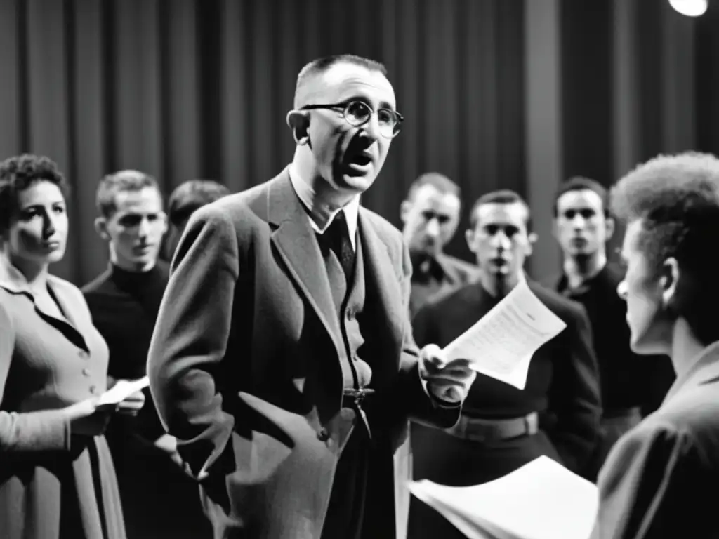 Una impactante fotografía en blanco y negro de Bertolt Brecht dirigiendo una intensa y diversa sesión de ensayo teatral
