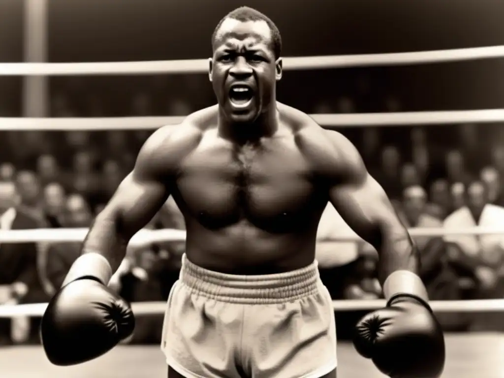 Fotografía impactante en blanco y negro de Jack Johnson, primer campeón mundial de boxeo afroamericano, en el ring