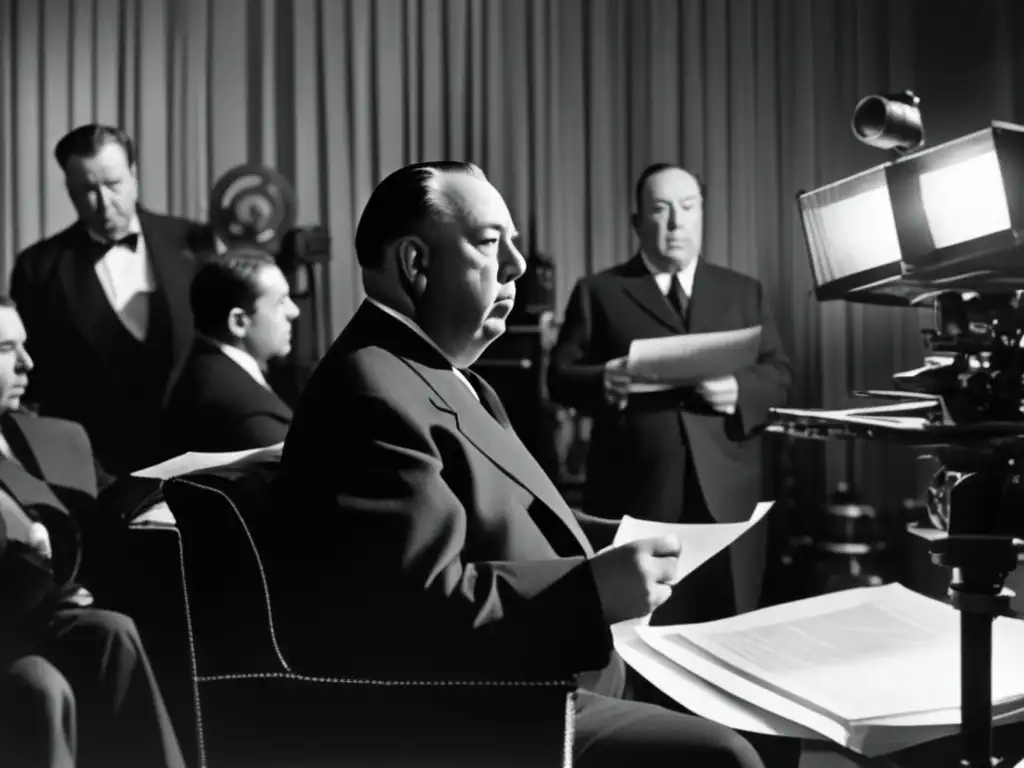 Una impactante fotografía en blanco y negro de Alfred Hitchcock en su silla de director, rodeado de personal y sosteniendo un guion