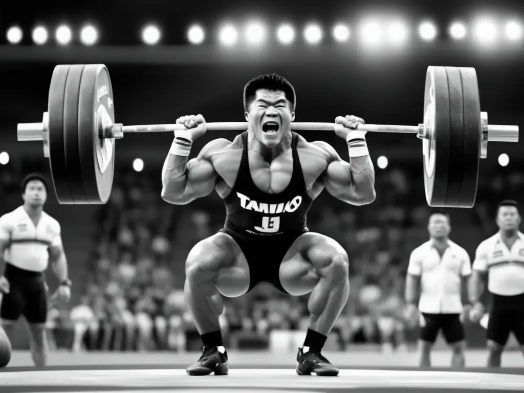 Una impactante fotografía en blanco y negro de Tamio Kono realizando un levantamiento en competición, resaltando su musculatura y concentración