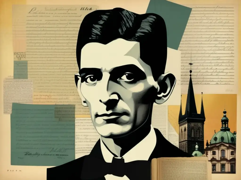 Una impactante colage digital de Praga y Franz Kafka, con un efecto vintage que evoca nostalgia
