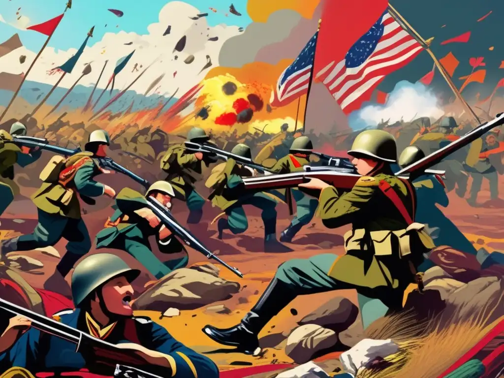 Un impactante cuadro digital que representa el caos de una batalla, inspirado en 'Guerra y Paz' de Tolstoy