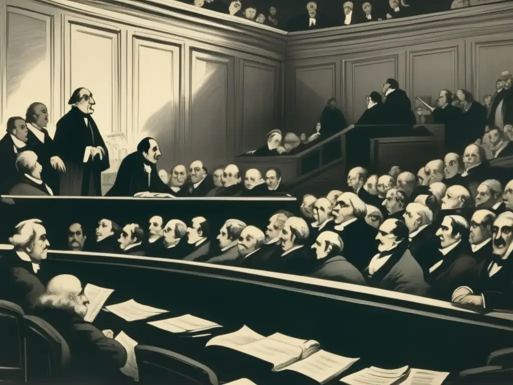 Una impactante litografía de Honoré Daumier muestra un caótico juicio en la corte, reflejando la crítica de Honoré Daumier a la monarquía francesa