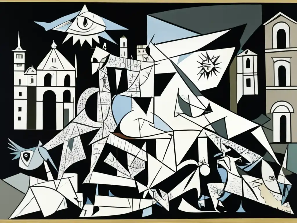 Una impactante representación de 'Guernica' de Picasso, con detalles nítidos que capturan el sufrimiento y la brutalidad de la guerra