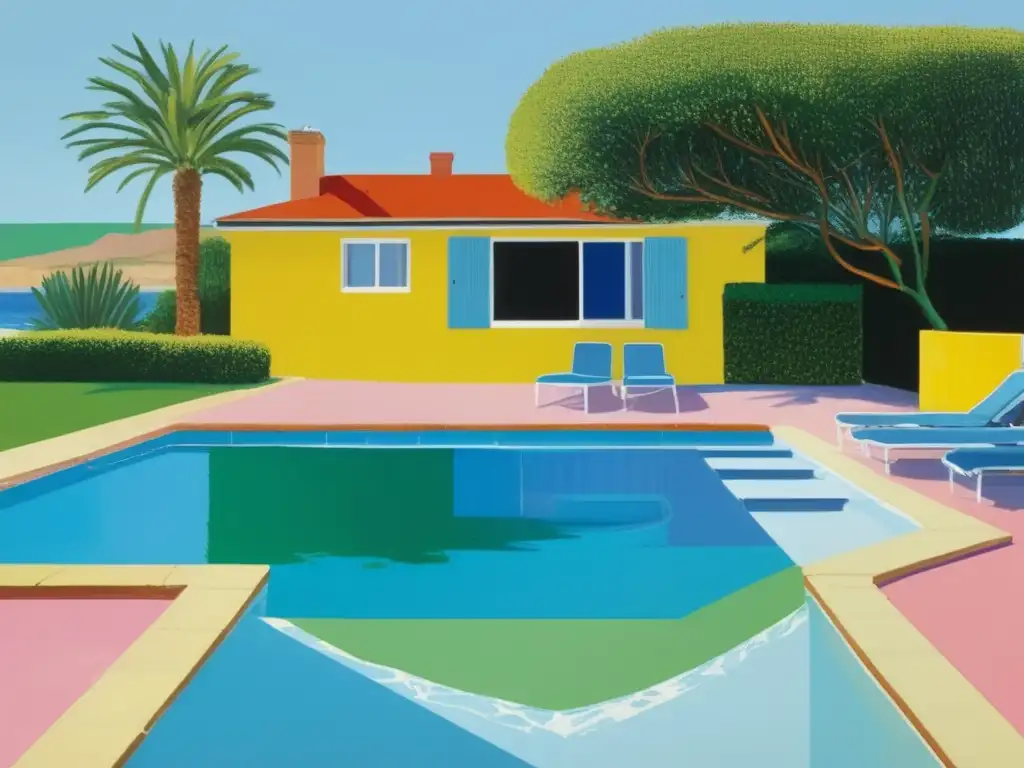 Una impactante representación digital de la famosa pintura 'A Bigger Splash' de David Hockney, resaltando su uso innovador de color y perspectiva