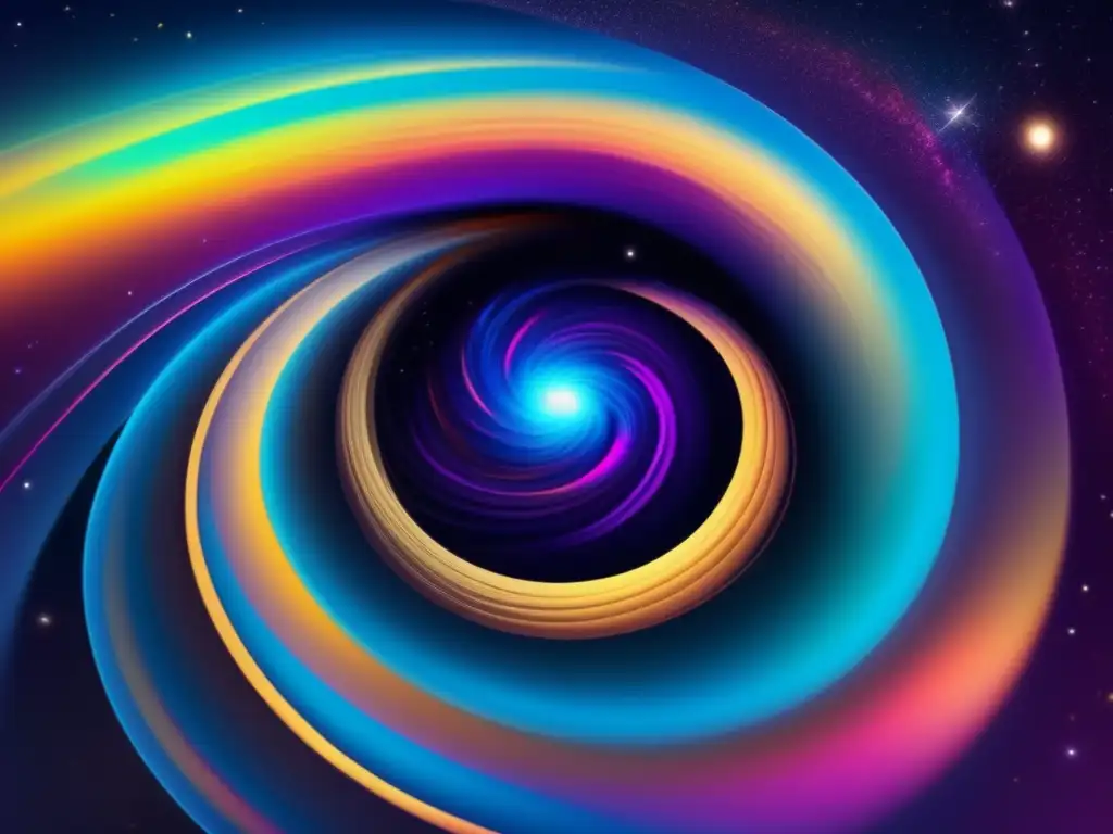 Una impactante representación digital de una galaxia en movimiento, con colores vibrantes y patrones dinámicos