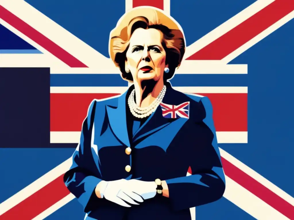 Una impactante ilustración digital moderna muestra a Margaret Thatcher en una postura poderosa, con la bandera británica ondeando detrás