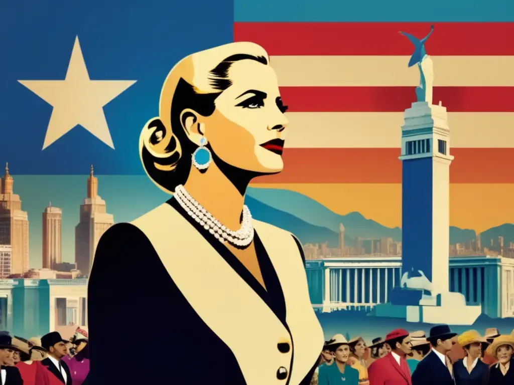 Una impactante representación digital de Eva Perón, mujer que cambió Argentina, en vibrantes colores, frente a una multitud y la bandera argentina