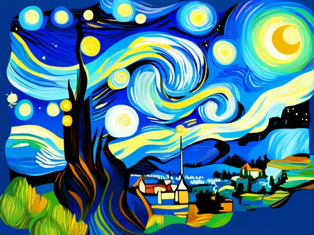 Una impactante reinterpretación digital de 'La noche estrellada' de Vincent van Gogh, con colores vibrantes que capturan su genialidad y tormento