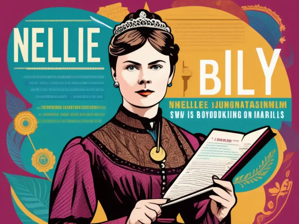Una impactante ilustración digital de alta resolución de Nellie Bly, destacando su revolucionario periodismo de investigación