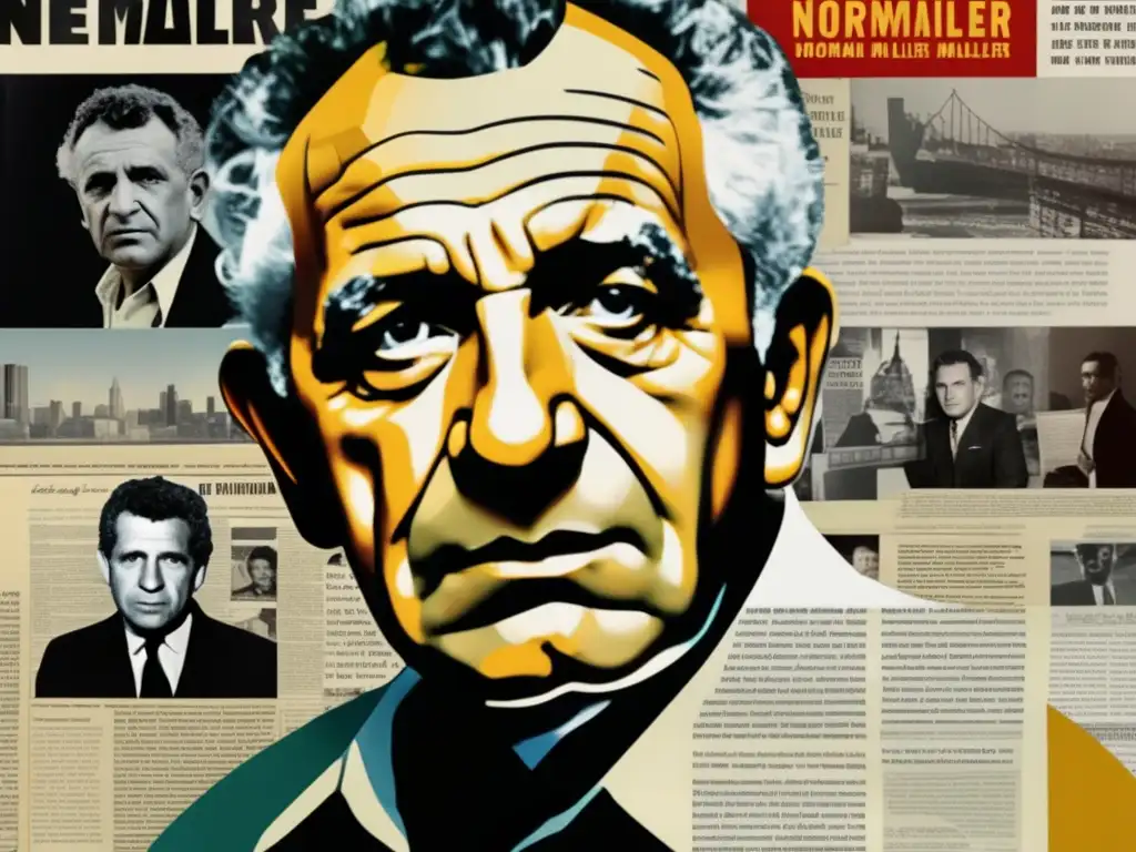 Una impactante y dinámica composición digital que destaca la multifacética carrera de Norman Mailer en el periodismo político