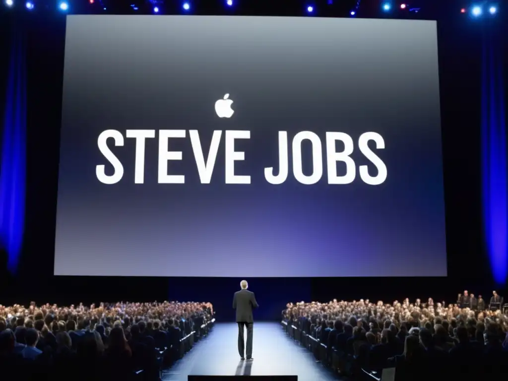 Steve Jobs Apple Biografía: Imagen impactante de Jobs en un discurso, con un escenario moderno y audiencia cautivada