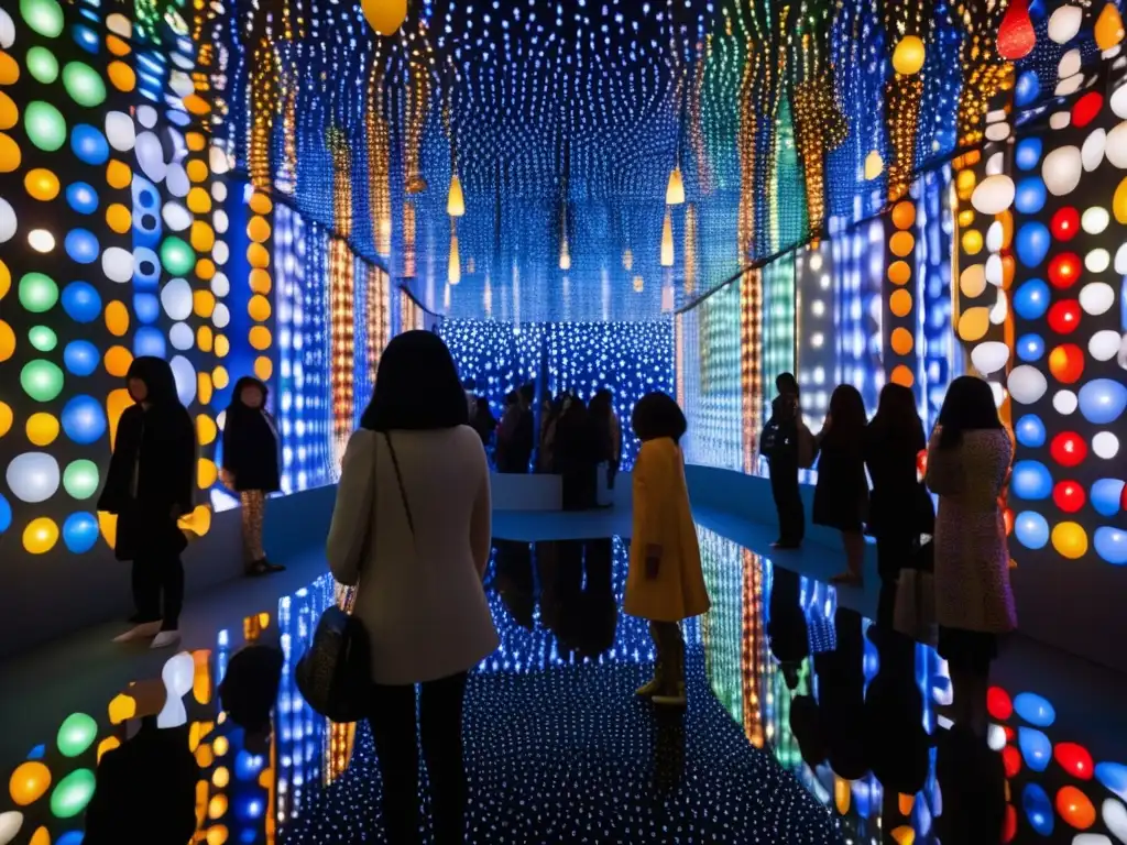 Una impactante fotografía de la instalación 'Infinity Mirrored Room' de Yayoi Kusama, con efectos caleidoscópicos y luces LED coloridas