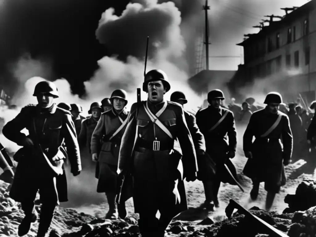 Una impactante escena de propaganda soviética en el cine de Sergei Eisenstein, con trabajadores y soldados en acción dramática