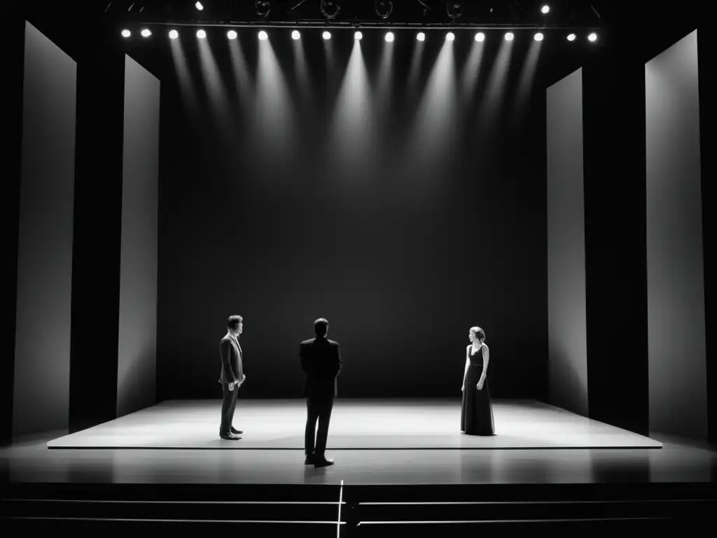 Una impactante escena teatral en blanco y negro, con iluminación dramática y un diseño minimalista