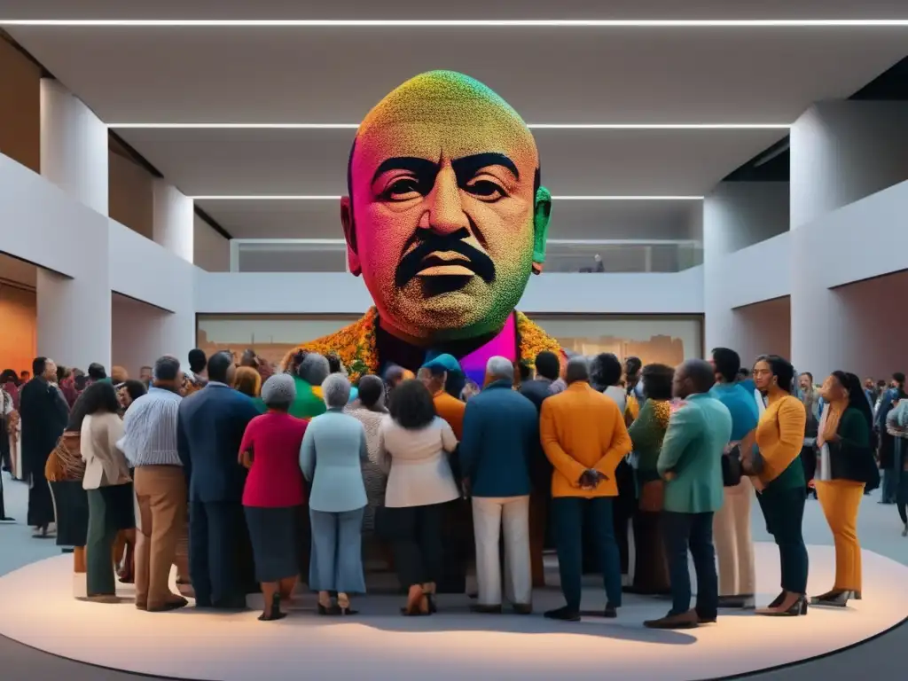 Escultura 8k de Agustín de Hipona en el mundo moderno Una impactante escultura de Agustín de Hipona rodeado de una multitud diversa, reflejando su duradera influencia en la sociedad moderna