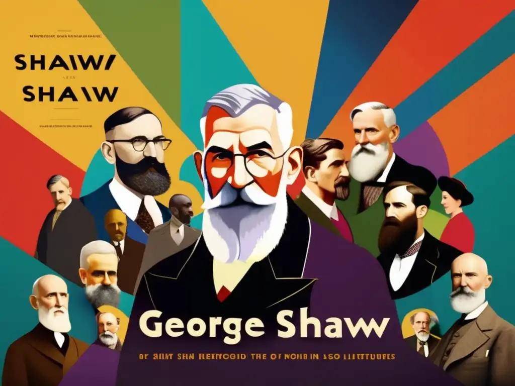 Una impactante biografía de George Bernard Shaw en forma de collage digital, que destaca su legado intelectual y su influencia en la política y la literatura, con colores vibrantes y composiciones dinámicas