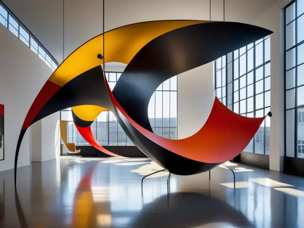 Una impactante fotografía de alta resolución de la escultura móvil icónica de Alexander Calder, 'La Grande Vitesse', en una galería luminosa