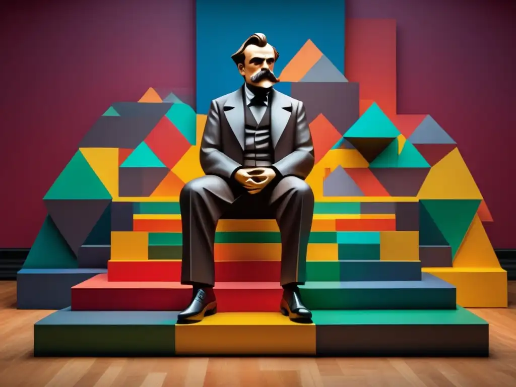 Un impactante homenaje a Nietzsche, rodeado de colores vibrantes y formas abstractas, evocando su influencia en la filosofía contemporánea