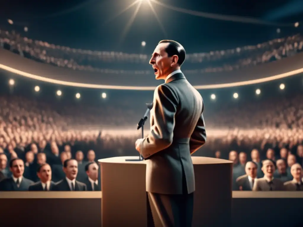 Una impactante imagen en 8k de Joseph Goebbels dando un apasionado discurso, con iluminación dramática y tratamiento visual moderno