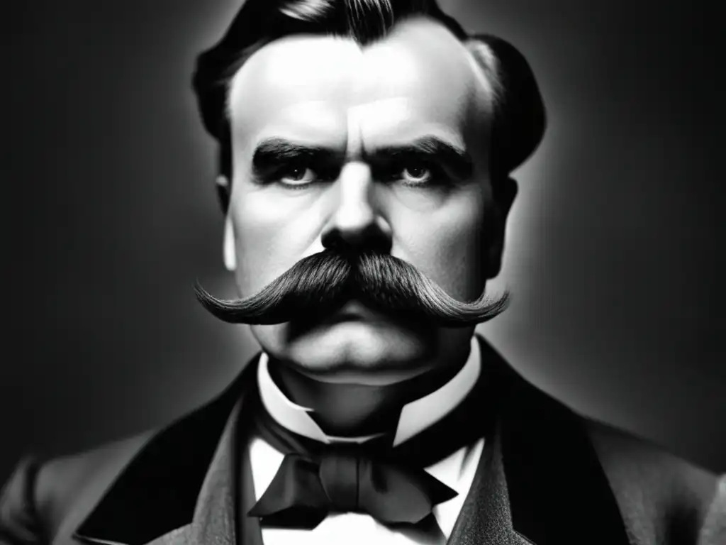Una impactante imagen en blanco y negro de la icónica mirada y bigote de Friedrich Nietzsche, reflejando su profunda influencia en la filosofía contemporánea