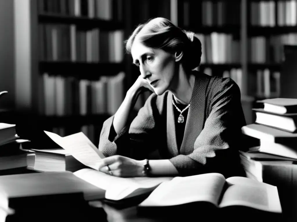 Una impactante imagen en blanco y negro de Virginia Woolf, escritora feminista, concentrada en su escritorio rodeada de libros y papeles, proyectando determinación e intelecto