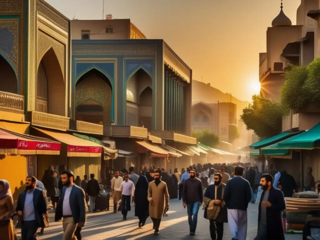 Una impactante imagen de alta resolución de una concurrida calle de Teherán, con arquitectura moderna vibrante y monumentos históricos