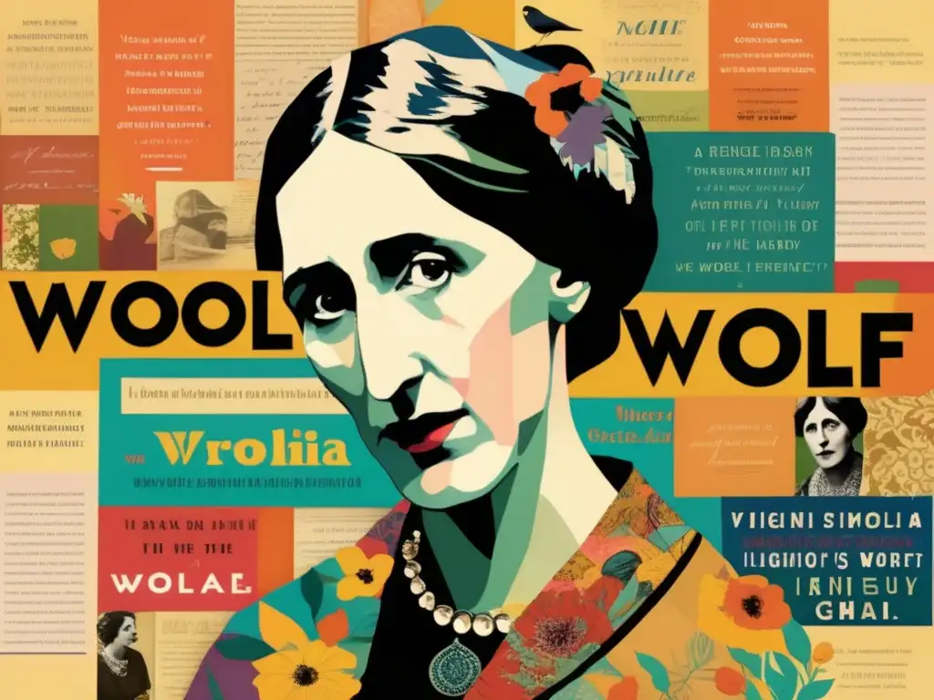 Una impactante imagen digital que destaca la biografía de Virginia Woolf escritora feminista, rodeada de influentes escritoras y citas literarias