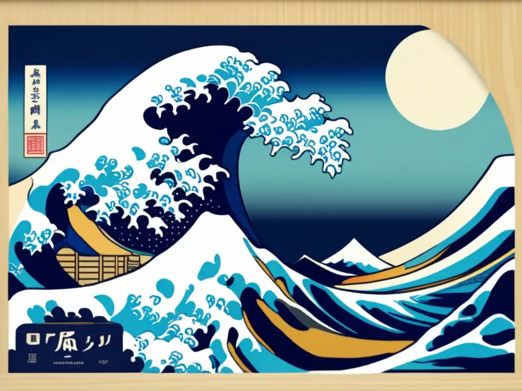 Una impactante imagen de la famosa estampa 'La Gran Ola de Kanagawa' de Katsushika Hokusai, muestra la icónica ola y el Monte Fuji con detalle e intensos colores
