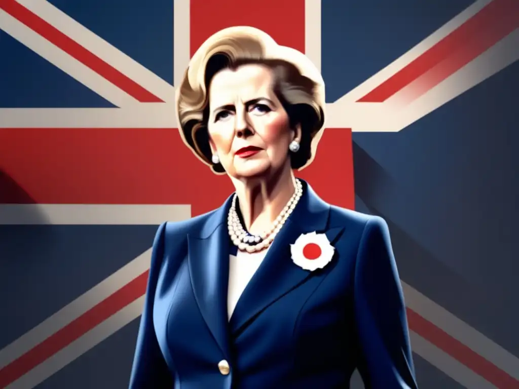 Una impactante imagen en 8k de Margaret Thatcher frente a la bandera británica, con expresión decidida