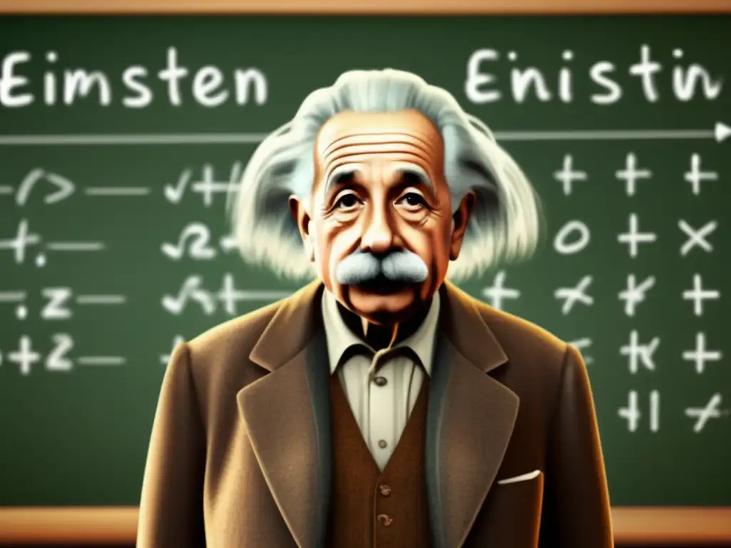 Una impactante imagen de Albert Einstein frente a una pizarra llena de ecuaciones científicas, con un aspecto de profunda concentración