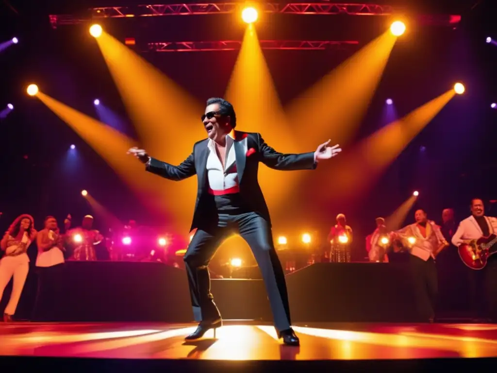 Una impactante imagen de Héctor Lavoe en el escenario, con luces vibrantes y el fervor de su icónica presentación de salsa