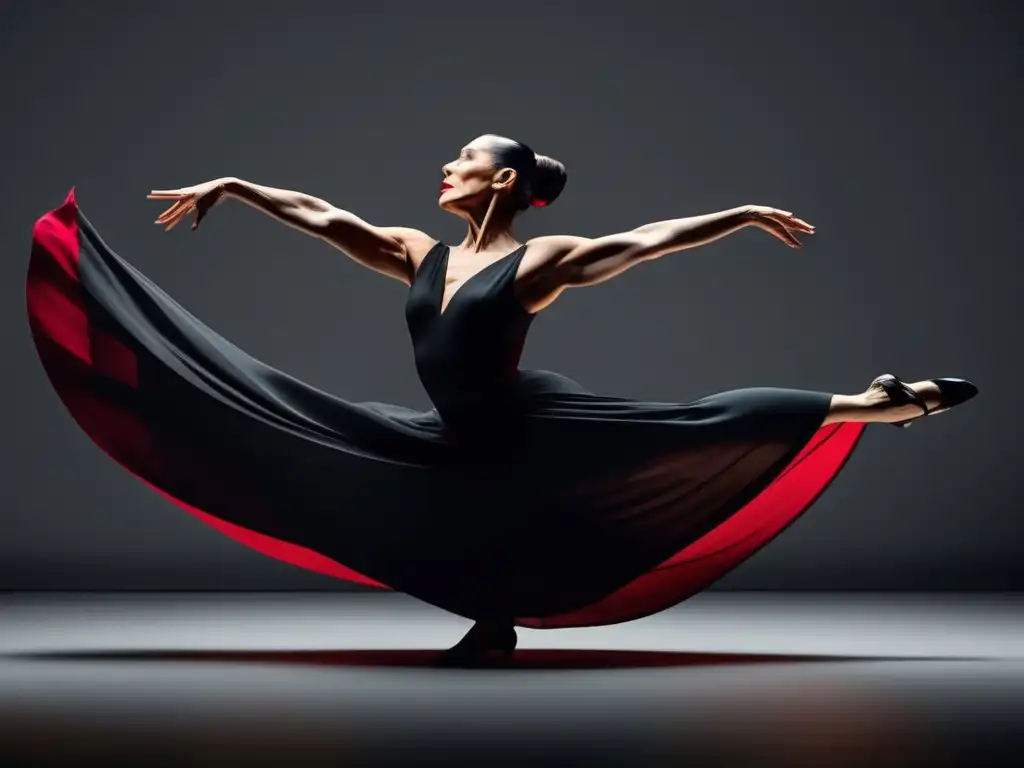 Una impactante imagen de Martha Graham realizando uno de sus icónicos movimientos de baile en un escenario moderno y minimalista, destacando su expresividad y dinamismo